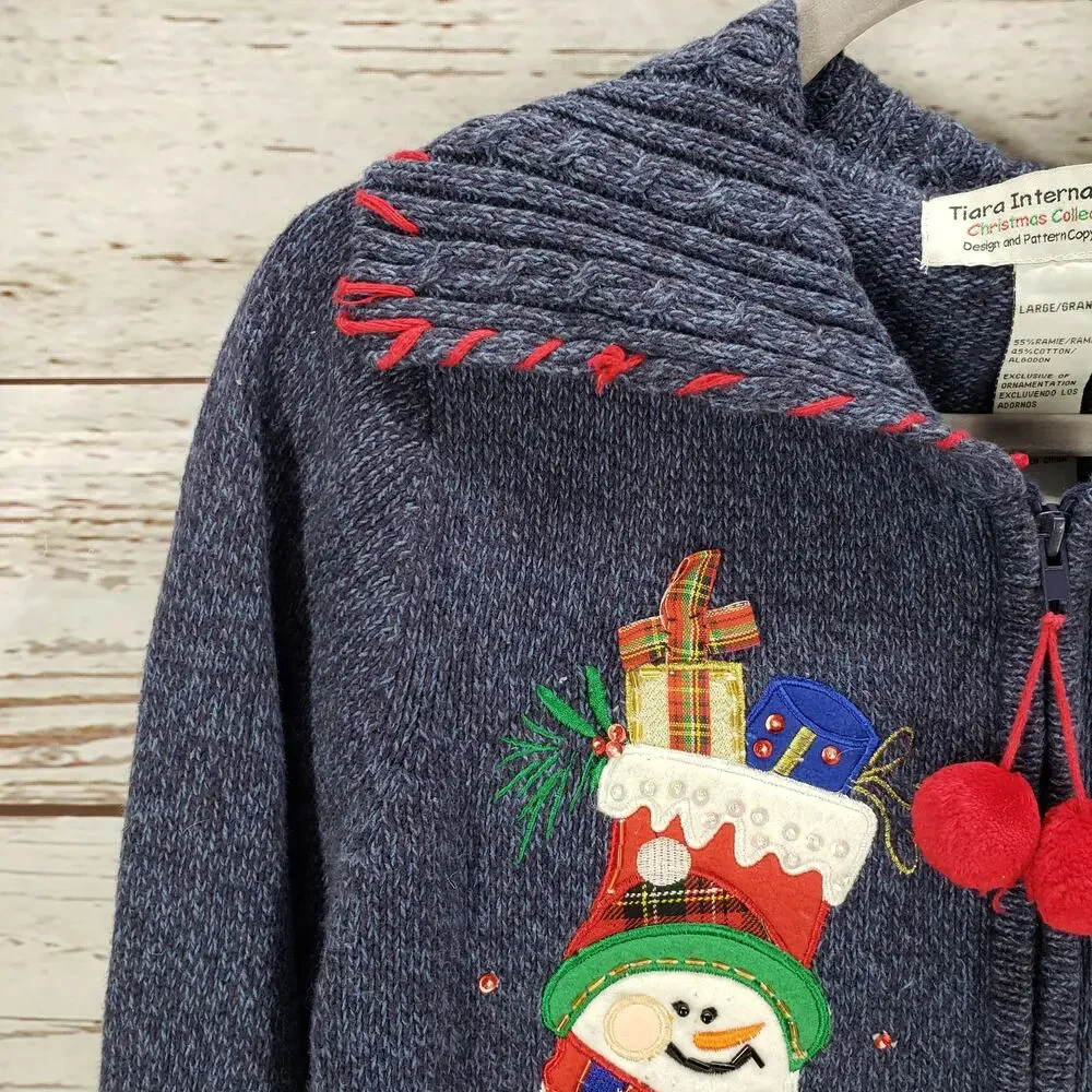 Tiara International Christmas Collection Blue Full Zip Sweater Size Large